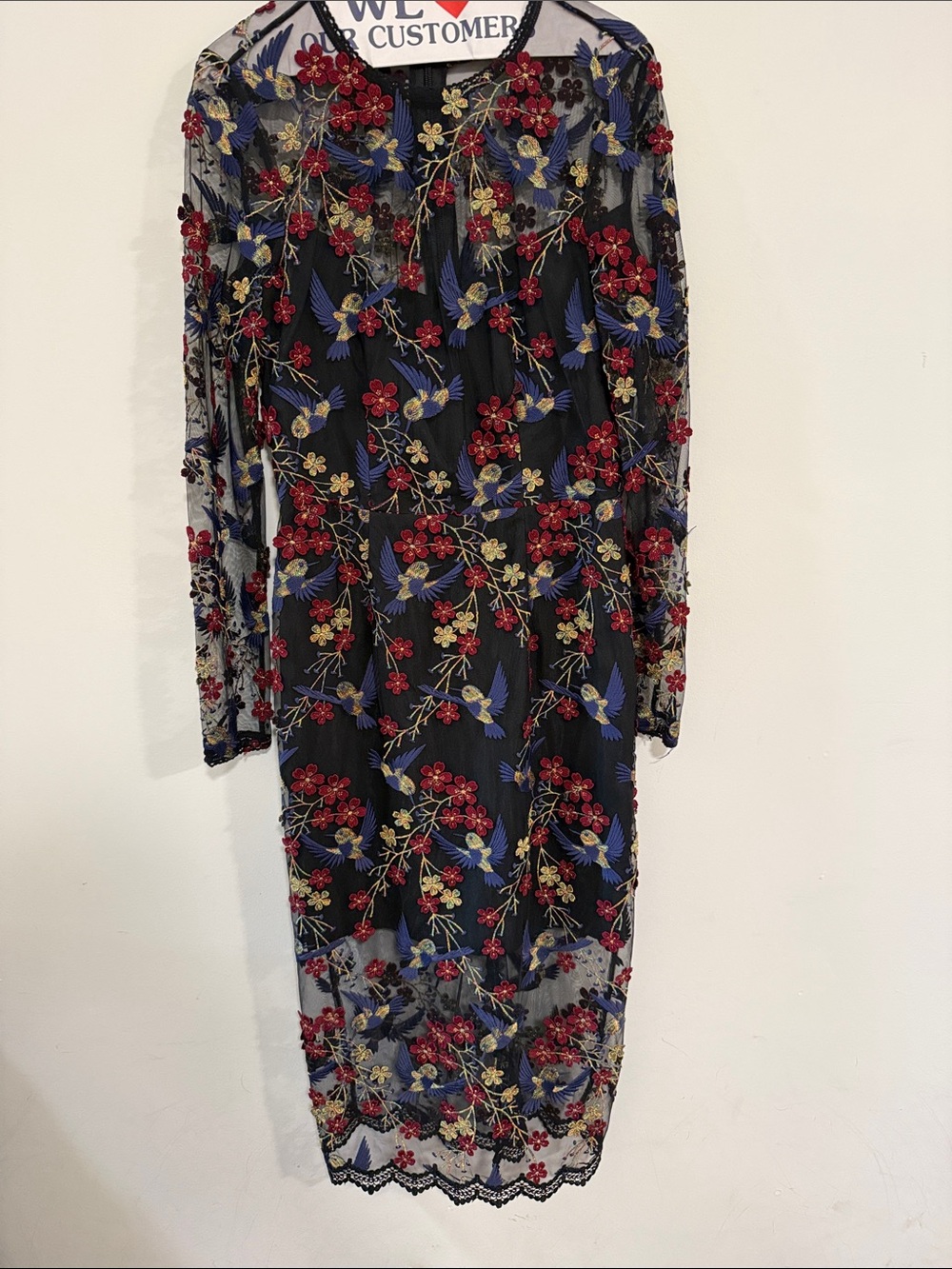 Black Sheer Embroidered Floral & Bird Midi Dress